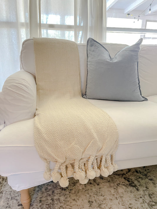 Cream Throw Blanket with Pom Poms