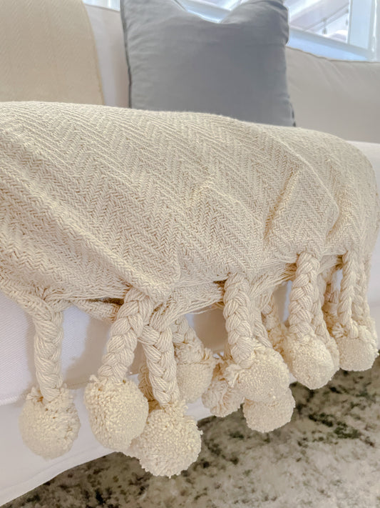 Cream Throw Blanket with Pom Poms